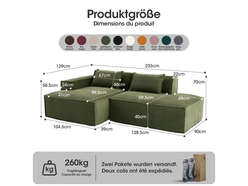  Canapé droit à assise rembourrée  - coussins à ressorts ensachés, polyester vert - 235 × 129 × 70 cm  - Conforama D