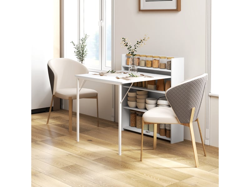  Table à manger pliante, table de cuisine pour 3 personnes, plateau à abattant et 4 étagères, 78,5x91x93cm, blanc  - Conforama D