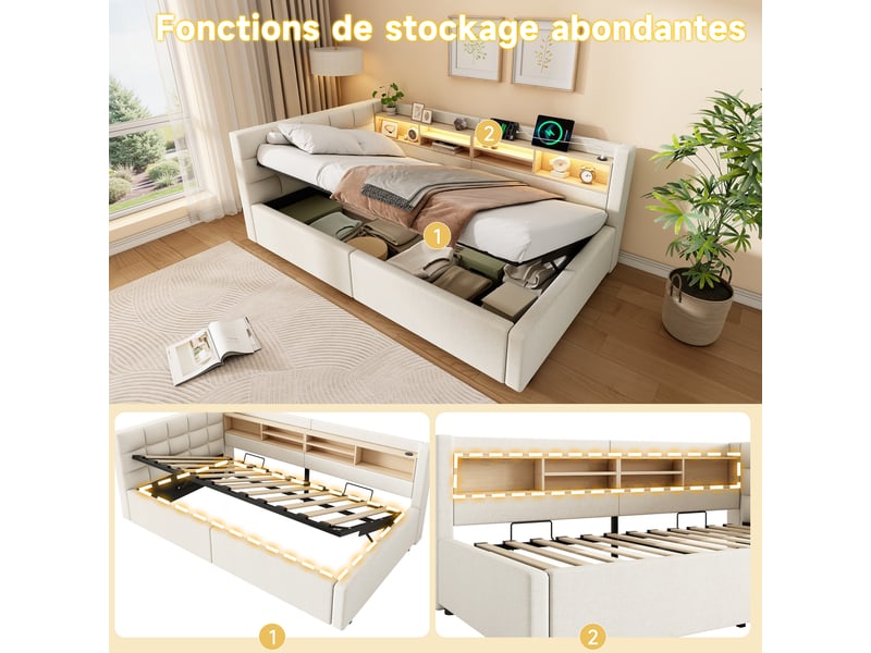 Lit banquette coffre 90x200cm avec éclairage led dimmable, tête de lit étagère et prises usb, lin beige evarich - Conforama D