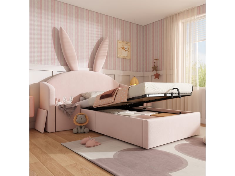  Lit coffre enfant 90x200 cm avec tête oreilles de lapin, rangement hydraulique et table de chevet réversible, velours rose  - Conforama B