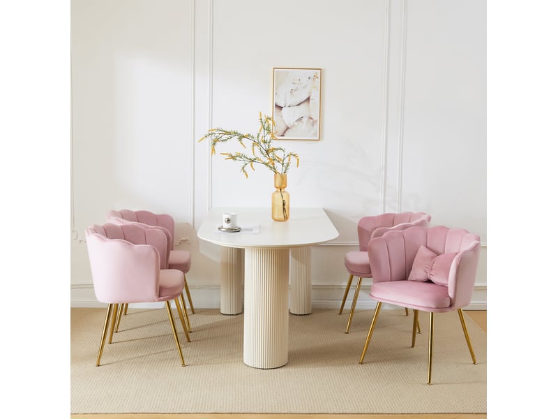  Lot de 4 chaises rembourrées à dossier pétale avec coussins de soutien et pieds métalliques dorés, en velours rose  - Conforama C