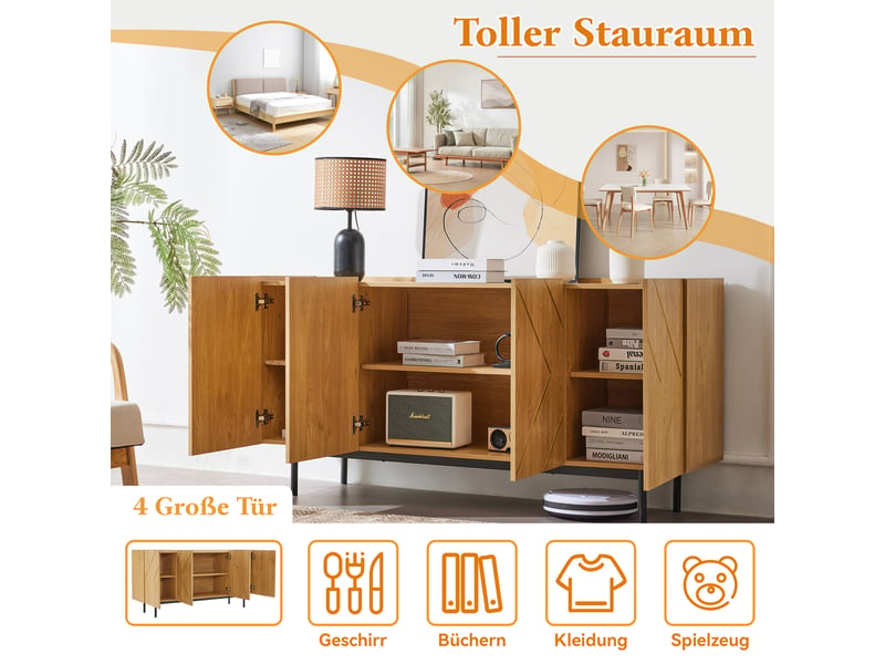  Buffet et enfilade avec 4 portes, étagères réglables et rangement sans poignées, pour le salon, 160×40×78 cm  - Conforama E
