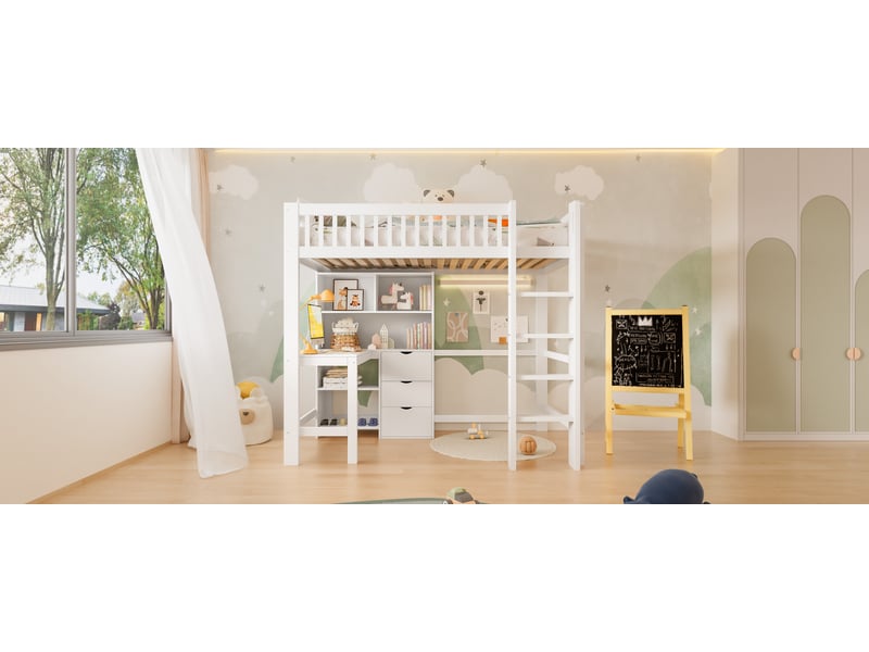 Lit superposé 90x200 cm blanc pin massif avec bureau échelle 3 tiroirs rangements sans matelas Sol Morn - Conforama D