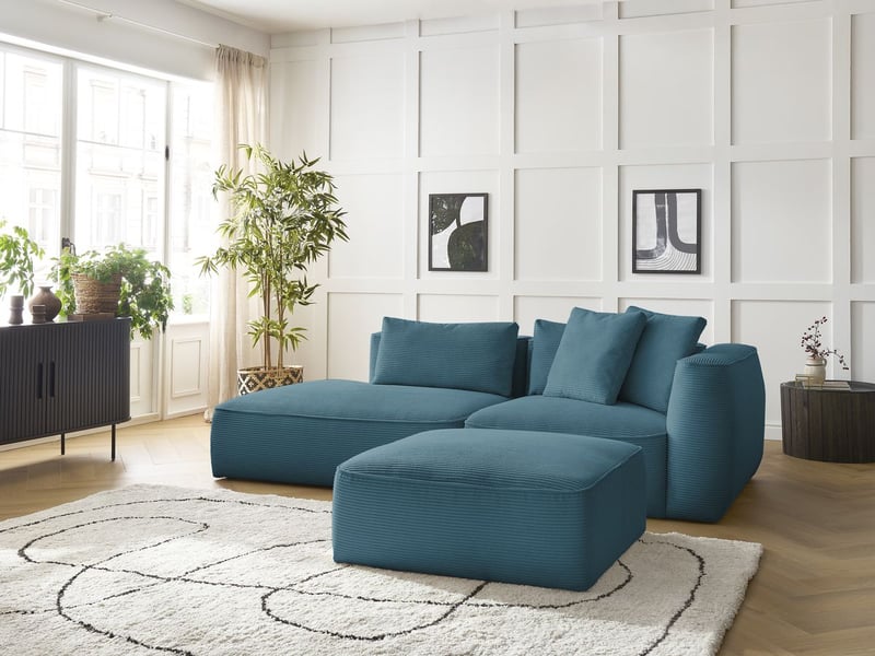  Bobochic canapé droit fixe 3 places leopold velours côtelé avec pouf bleu clair  accoudoir droit LEOPOLD - Conforama D