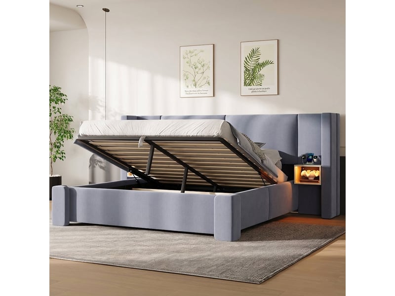  Lit coffre 180x200 gris capitonné en lin avec led et tables de chevet sans matelas  - Conforama D