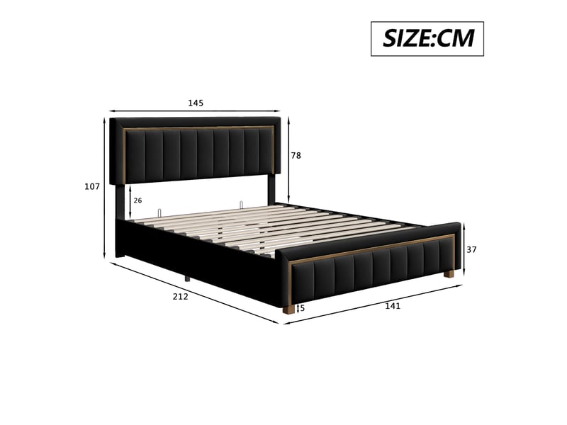  Dreammespace lit coffre 140x200 cm - lit double 2 places avec rangement hydraulique et sommier, velours lignes dorées noir moderne DreamMespace - Conforama E