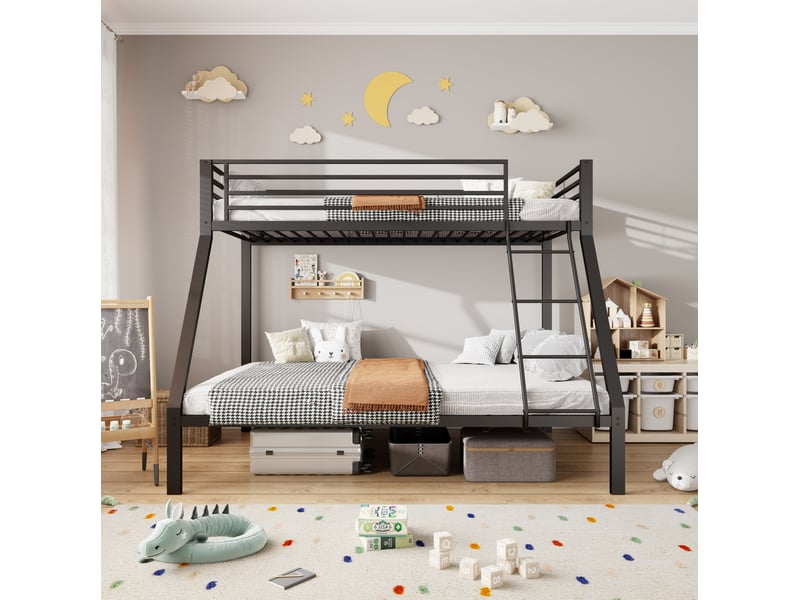  Lit superposé 90x200140x200 cm, garde-corps, échelle réversible, sommiers à lattes, métal noir sans matelas  - Conforama E