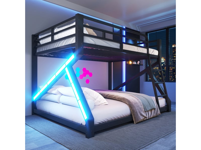 Lit superposé 140x200 cm en haut et 160x200 cm en bas avec bande led, lit familial en métal robuste avec échelle et garde-corps de sécurité, noir OPULERANE TRADING LTD - Conforama B