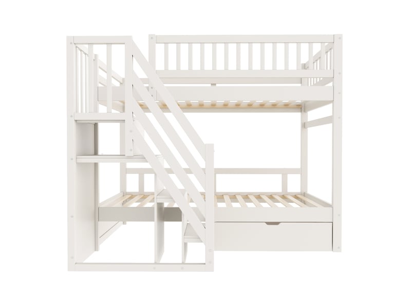  Lit superposé enfant 90x200 cm – blanc – escalier de rangement, tiroir sous lit et sommiers à lattes - sans matelas  - Conforama D