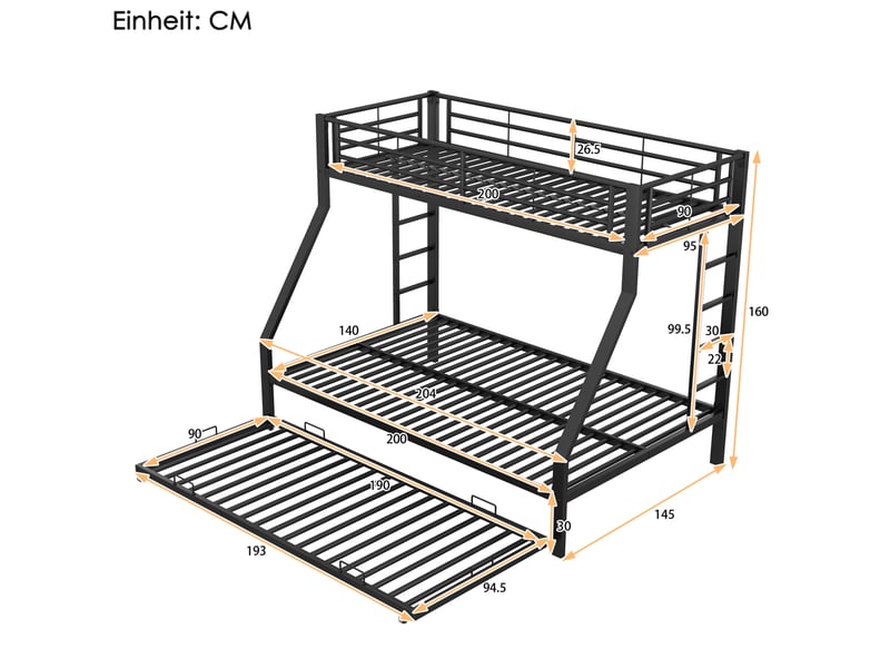  Lit superposé en métal 90x200 cm avec lit gigogne et échelles doubles, noir  - Conforama C