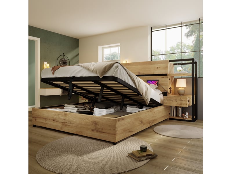 Lit coffre double 180x200 cm avec rangements et recharge usb, décor chêne - Conforama B