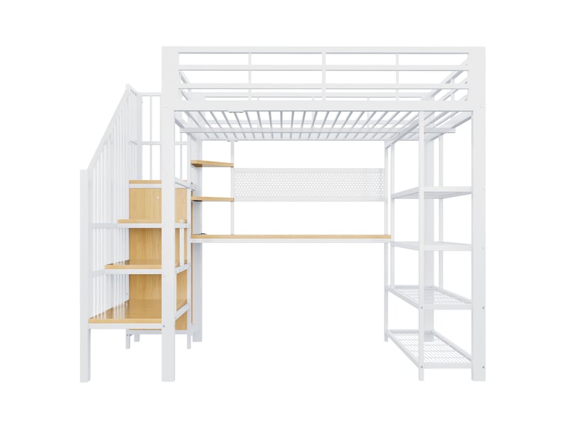 Lit mezzanine 140x200 cm – blanc – bureau avec étagères, escalier de rangement, led et prises – sans matelas - Conforama D