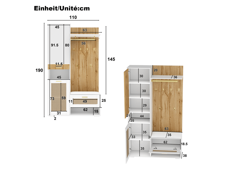 Ensemble d’entrée avec miroir, 6 patères dorées, meuble à chaussures, banc et led 16 couleurs - Conforama C