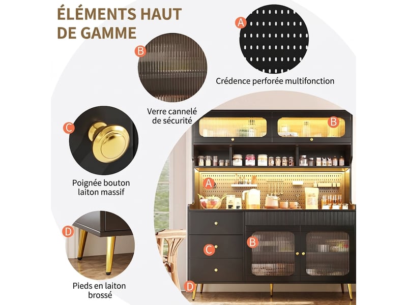  Buffet haut noir 1 porte relevable meuble de rangement étroit avec éclairage led 145x39x171 cm  - Conforama R