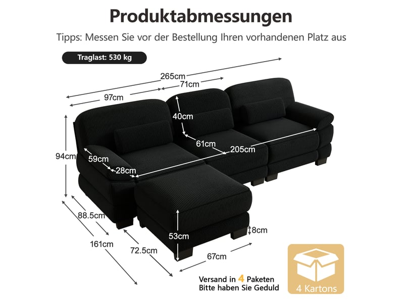  Canapé d’angle modulable 3 places avec pouf en velours côtelé noir  - Conforama C