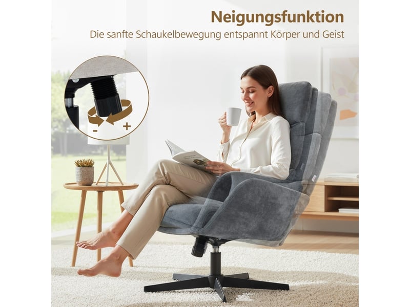 Fauteuil à bascule avec repose-pieds gris, dossier haut rembourré, fauteuil de lecture en tissu pour salon et chambre - Conforama D