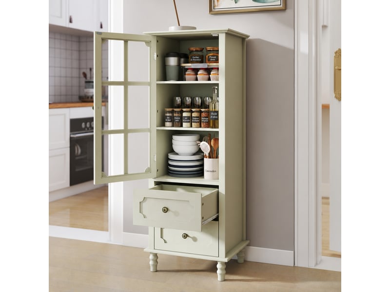  Buffet blanc crème avec porte vitrée et 2 tiroirs, format haut et étroit, 50 x 40 x 130 cm  - Conforama B