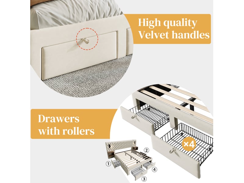  Lit double, 160x200 cm, doté de solutions de rangement, rechargement usb type c, matelas inclus, velours, coloris beige  - Conforama E
