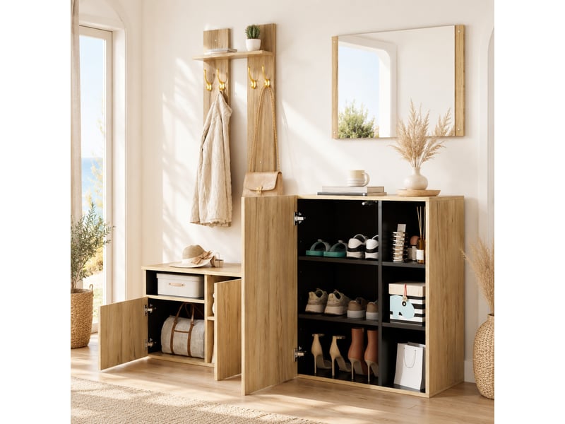  Meuble d'entrée 4-en-1 avec miroir, crochets, meuble à chaussures et banc, étagères réglables, 120 × 35 × 123 cm  - Conforama C