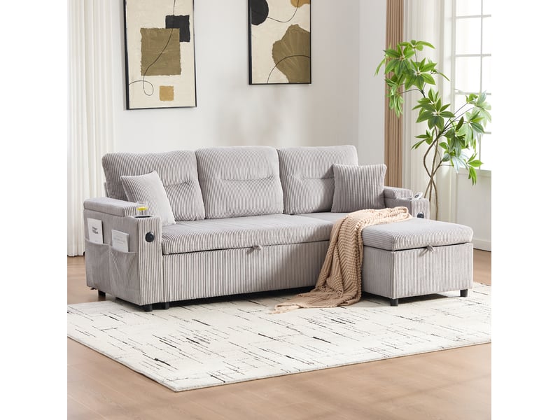  Canapé 3 places 212,5x136x86cm avec rangement, porte-verres et ports usb-c, confort et doux, velours côtelé gris clair  - Conforama W