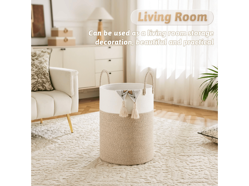  Panier à linge en corde de coton tressé 60 litres pour ranger vêtements sales ou jouets, kaki  - Conforama E