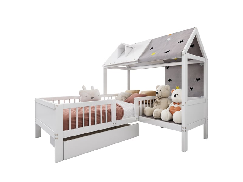  Lit enfant en bois en forme de maison, lit simple, multifonctionnel, avec toile de tente et coussins, tiroirs en dessous, sans matelas, 90*200, blanc[  - Conforama A