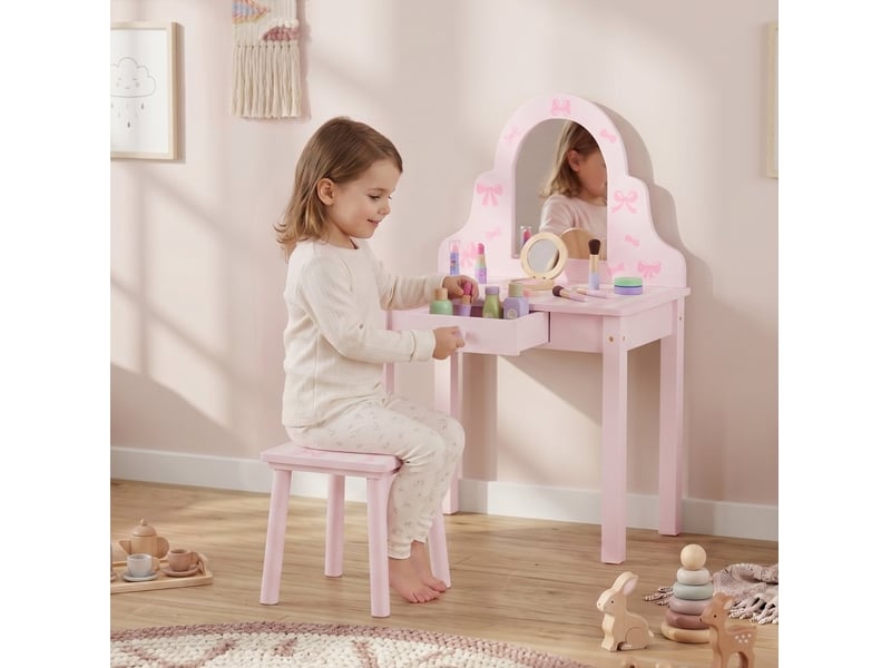  Coiffeuse enfant 2 en 1 55x34x82 cm rose en bois d'ingénierie, miroir amovible et tabouret pour fille de 3 à 6 ans  - Conforama B