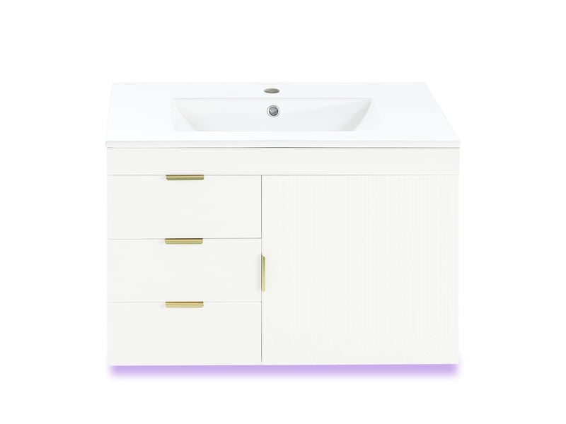 Meuble sous vasque suspendu 76x46x51 cm blanc avec vasque céramique et led - Conforama A