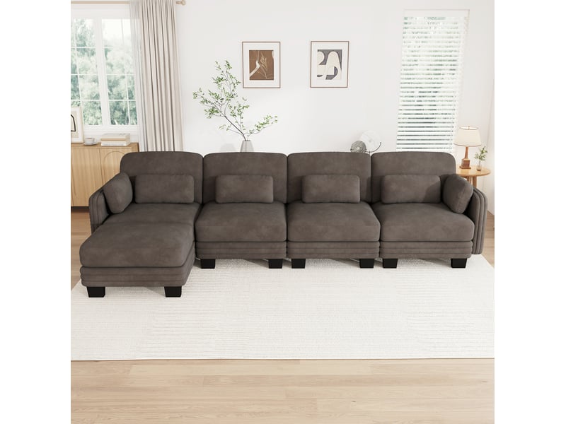  Canapé d’angle modulable 4 places 330x143x88 cm avec pouf, coussins inclus, design ergonomique, chenille marron  - Conforama B