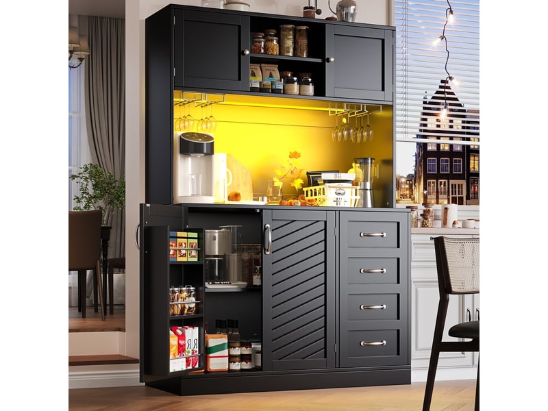  Buffet armoire de rangement 120x40x188cm avec éclairage led, étagère à collations, porte-gobelets, 4 portes et 2 tiroirs, noir  - Conforama C