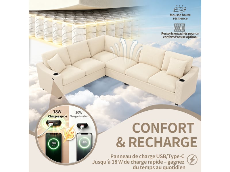 Canapé d'angle l 277x215x85cm - 6 places - usbtype-c + porte-gobelets + modulable - velours côtelé - beige - Conforama E