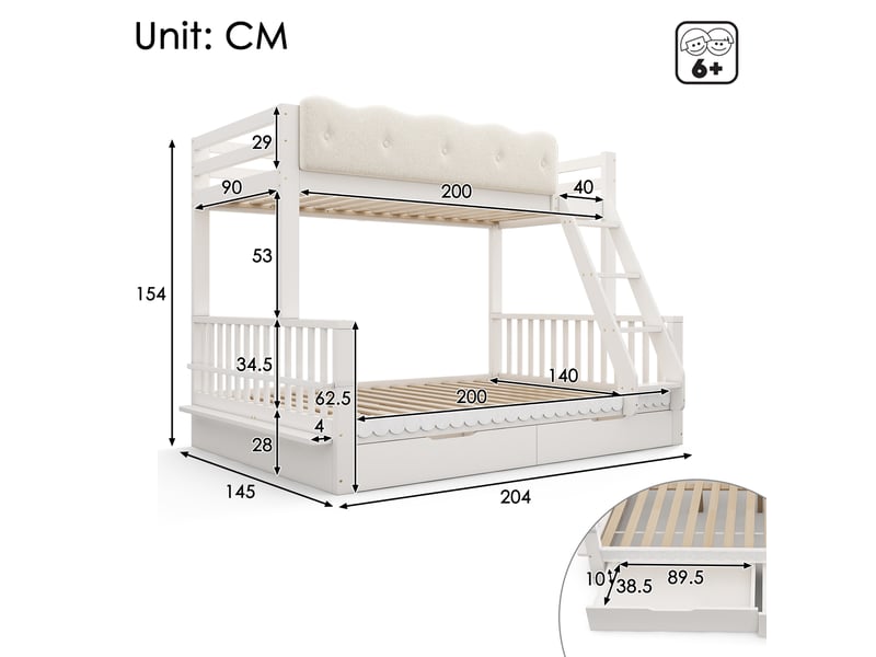  Lit superposé enfant 90x200140x200 cm blanc avec 2 tiroirs, porte-revues et garde-corps Fay Lum - Conforama C