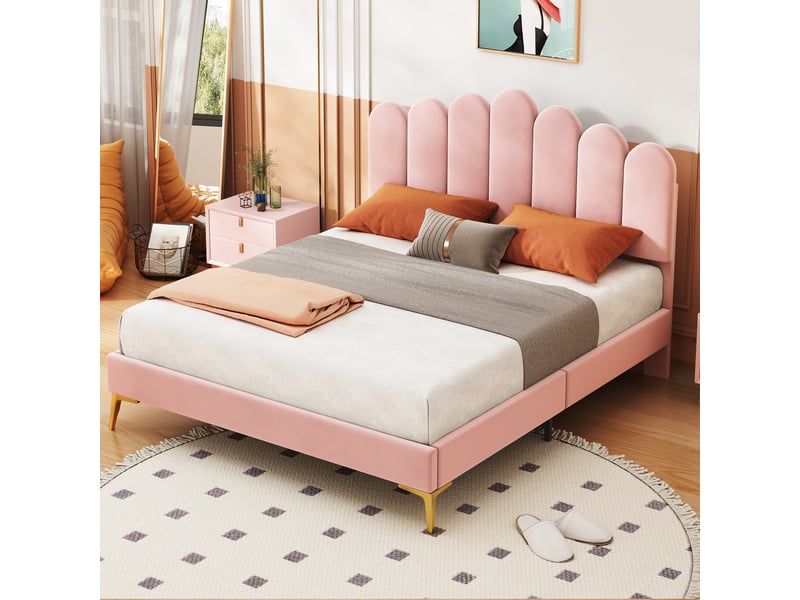  Lit capitonné en velours rose 140 x 200 cm  - Conforama E