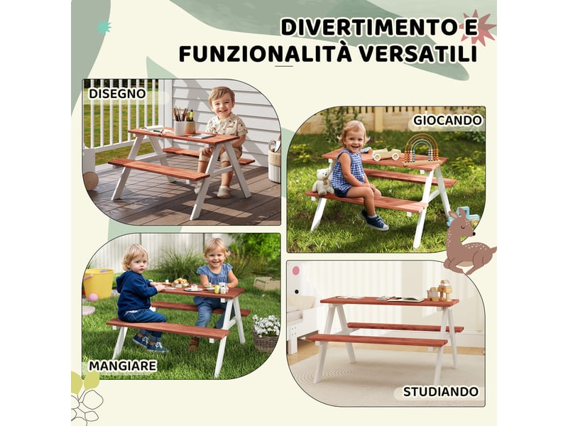  Ensemble table de pique-nique pour enfants de 3 à 8 ans avec bancs en bois, 89 x 79 x 50 cm, marron  - Conforama E