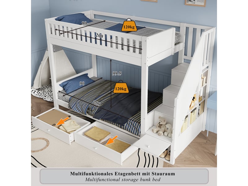  Lit superposé enfant 90x200 cm, escalier avec rangement, 2 tiroirs, barrière de sécurité, bois et mdf, blanc OMNIGLINT TRADING LTD - Conforama E
