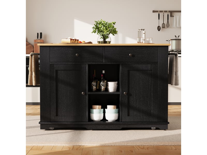  Îlot de cuisine noir et bois avec prises électriques, chariot de cuisine pliable avec rangement, 151.5x84.7x91.7 cm  - Conforama B