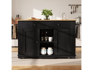 Îlot de cuisine noir et bois avec prises électriques, chariot de cuisine pliable avec rangement, 151.5x84.7x91.7 cm