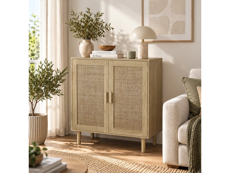  Buffet bas 80x40x88 cm naturel, 2 portes en rotin, poignées bois massif, meuble de rangement salon entrée  - Conforama D