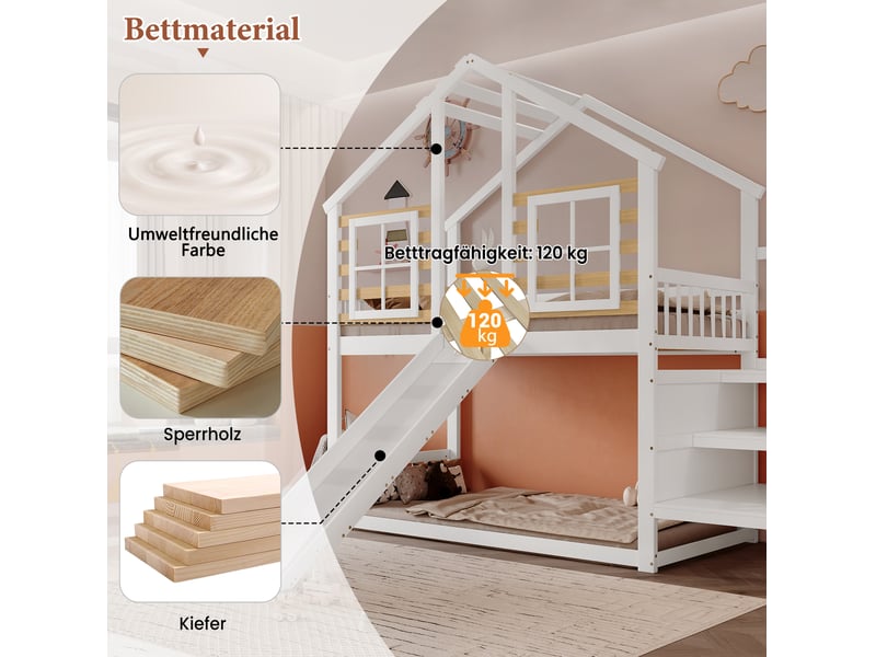 Lit superposé enfant 90x200 cm – blanc et naturel – cabane avec escalier, toboggan et fenêtres - sans matelas  - Conforama E