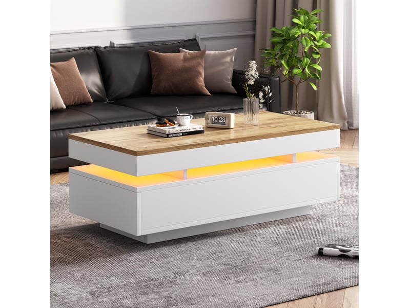  Table basse avec éclairage led 100x50x35 cm, panneau de particules, 2 tiroirs, surface brillante, coloris blanc + ton bois  - Conforama B