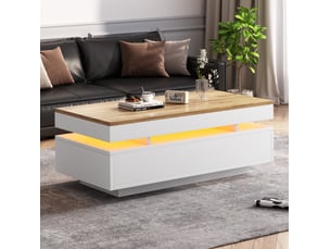 Table basse avec éclairage led 100x50x35 cm, panneau de particules, 2 tiroirs, surface brillante, coloris blanc + ton bois