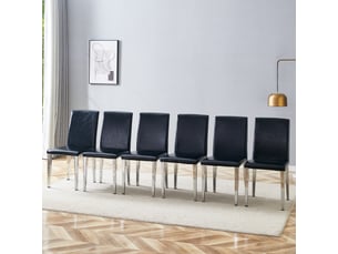Lot de 6 chaises de salle à manger design, simili cuir noir et pieds métal argentés, style luxe léger européen pour salle à manger et salon