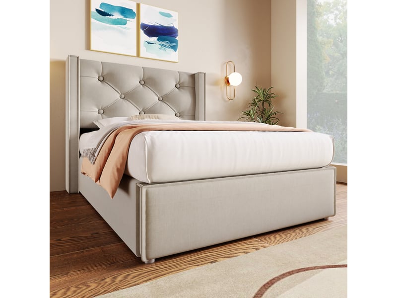  Lit coffre hydraulique 90x200cm en coton gris clair, sommier à lattes inclus, sans matelas, tête rembourrée  - Conforama E