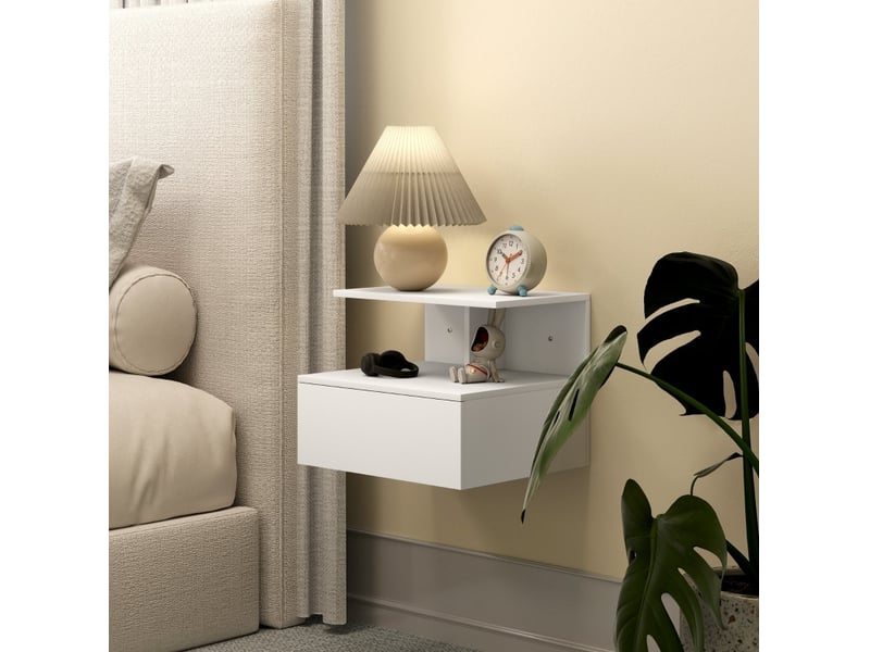  Table de chevet murale 39,8x35x31,6 cm avec tiroir et niche, panneau de particules, blanc  - Conforama C