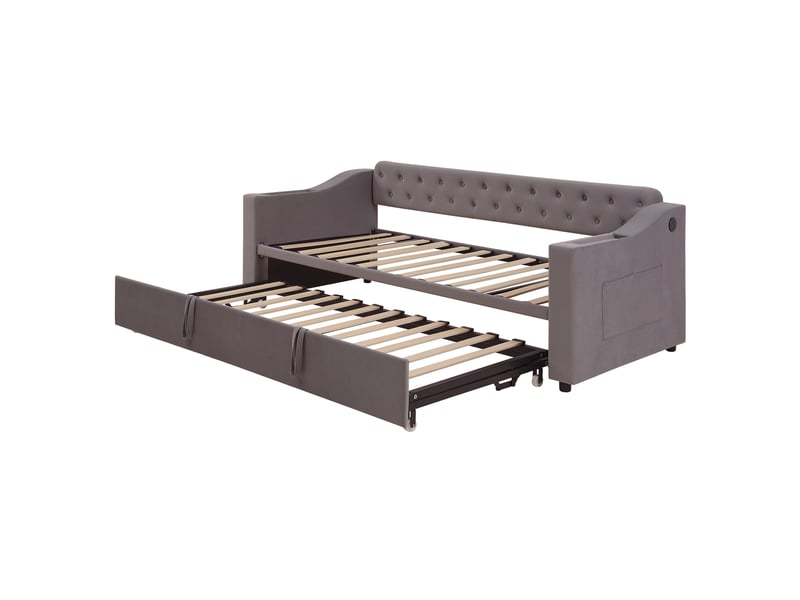  Canapé-lit capitonné, 90180 x 190 cm, accoudoirs plus larges et plus épais avec port de chargement usb, rangements intégrés dans les accoudoirs, poches de rangement, sommier à lattes, revêtement en velours, gris foncé  - Conforama E