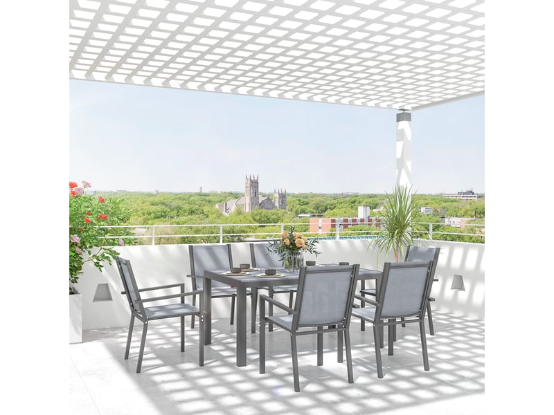  Ensemble de salle à manger de jardin pour 6 personnes salon de jardin extérieur cadres en acier chaises empilables gris  - Conforama D