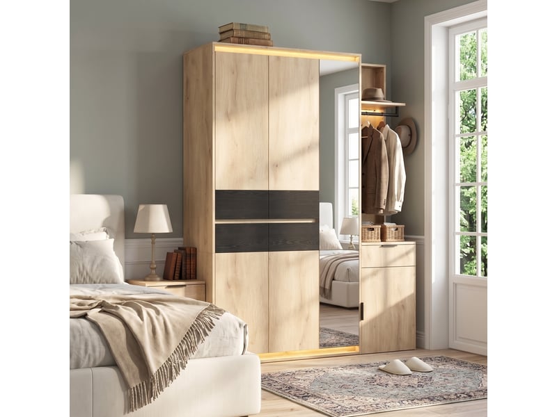  Dressing d'entrée modenvie avec miroir et éclairage led, 155 x 47 x 200 cm, 3 tringles, 5 tiroirs, mdf, anthracite et chêne  - Conforama D