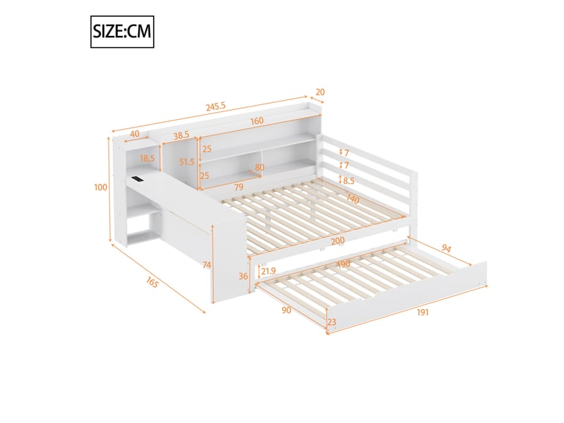  Lit combiné 140x200 cm avec bureau, rangements et prise, bois, blanc sans matelas  - Conforama C