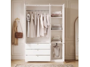 Armoire 3 portes modenvie à portes persiennées 135 x 50 x 200 cm avec 3 tiroirs, 2 tringles et porte-pantalons, panneau de particules blanc