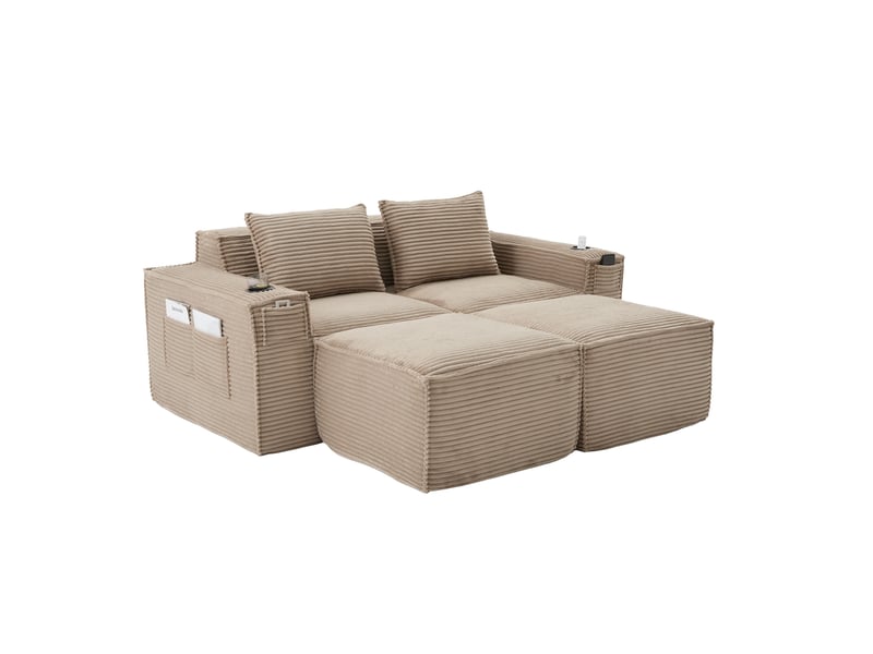  Canapé 2 places avec 2 poufs en velours côtelé kaki 188x162x75 cm  - Conforama D